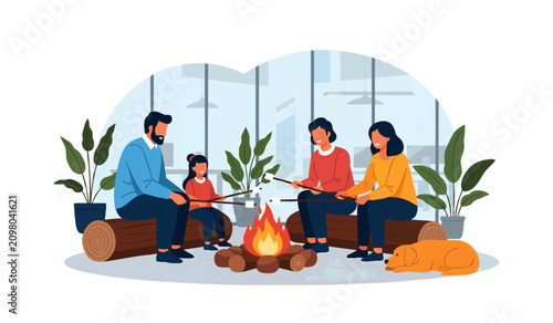 Cozy diverse friends gathering around warm campfire with autumn pumpkins and lush greenery, concept for friendship bonding, outdoor adventure, and seasonal celebration designs for social media,