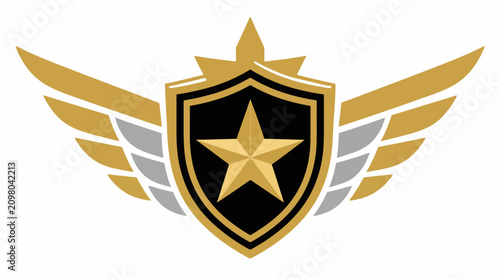 Quadro su tela Gold shield with star and silver wings.