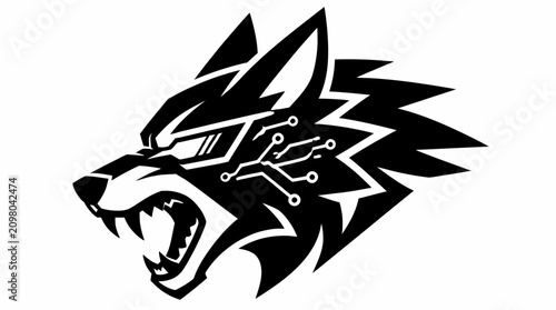 Bilde på lerret Cybernetic wolf head black and white mascot logo