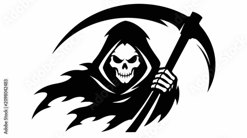 Foto Grim reaper silhouette holding sharp scythe blade.