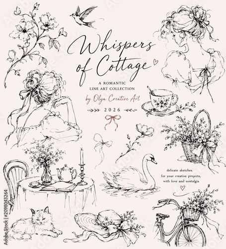 Whimsical Cottagecore Romantic Sketch Collection Vintage Hand Drawn Vector Illustrations with Woman, Swan, Cat, Bicycle, Flowers and Tea Time