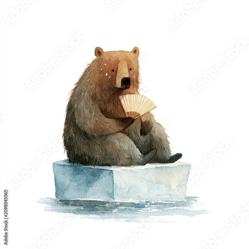 a cute brown bear resting on the ice fanning herself with a fan with sweat all her face small dot eyes, muted earthy tones. Watercolor texture