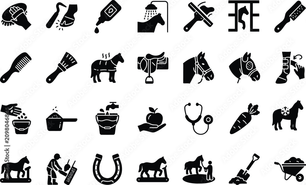 Obraz premium Horse care and equestrian equipment icon set, 28 black solid vector symbols for stable management, horse grooming and veterinary supplies