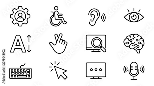 Quadro su tela Modern Black and White Line Icons Set Featuring Accessibility Technology and Com