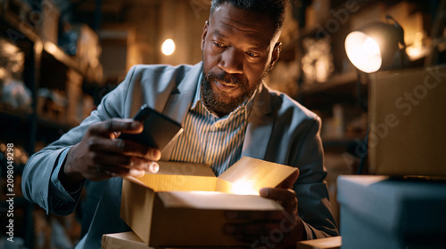 Procurement team member opening a supplier sample box under a phone flashlight in a dim warehouse corner urgent evaluation business banner