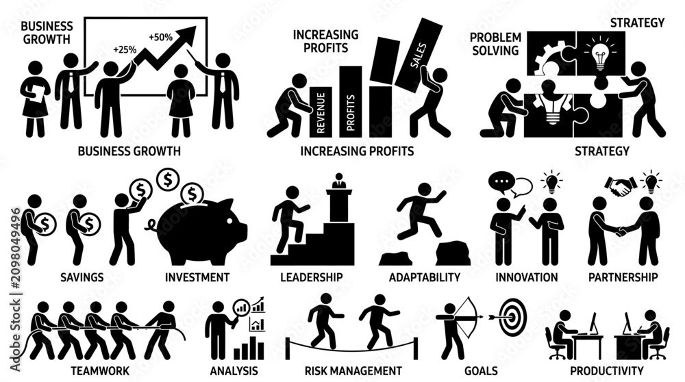 Obraz premium Business success icons set with stick figures for growth strategy leadership and teamwork concepts