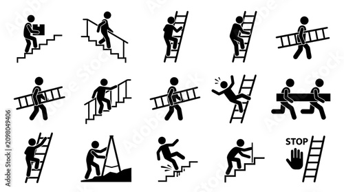 Workplace safety icons showing ladder and stair usage by stick figures