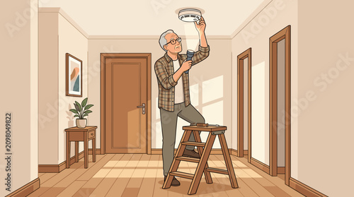 Senior man standing on a stepladder, using a flashlight to inspect or install a smoke detector on the ceiling of a hallway. Home maintenance concept.