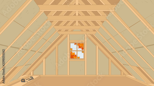 Attic renovation with wooden beams and wall insulation. A view of a roof structure with tools and a window showing autumn leaves, ideal for construction concepts.