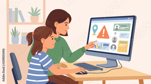 Mother teaching daughter about internet safety, cyberbullying, and online protection. Illustration for digital literacy, parental control, and family technology concepts.