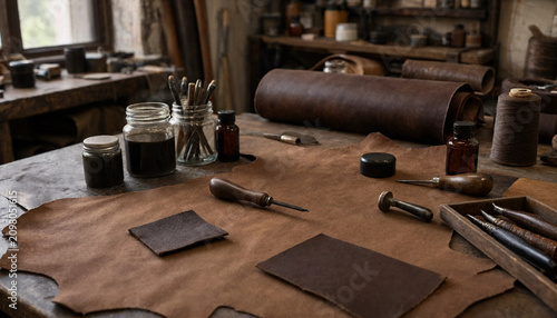 Leatherworking workshop with a large piece of brown leather, cutting tools, dye jars, and a leather roll on a rustic wooden workbench surface