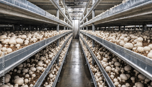Large scale indoor mushroom farm with rows of metal shelves holding white button mushrooms growing in soil inside a climate controlled room