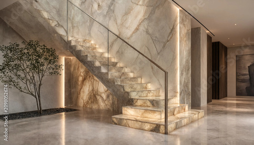 Modern interior hallway featuring a grand staircase with backlit marble steps, glass railings, and a decorative indoor tree