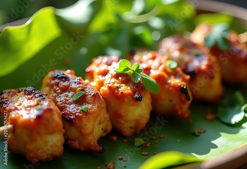 Grilled Chicken Skewers Glazed in Rich Peanut Sauce Laid on Banana Leaf Platter Surrounded by Fresh Herbs