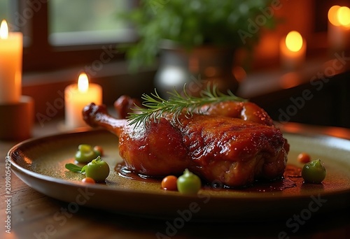 Luscious Duck Confit Glazed Skin Candlelit Bistro Atmosphere Indulging in Savory Elegance