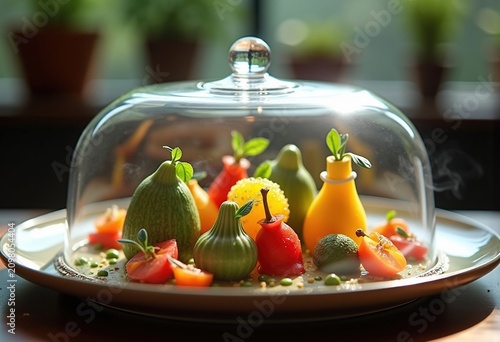 Luxurious Glass Cloche Concept Molecular Gastronomy Featuring Intricate Vegetable Arrangements Supreme Culinary Art