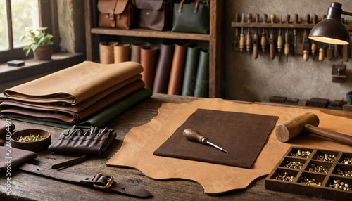 Leather crafting workbench with stacks of leather hides, sewing tools, metal rivets, and a lamp in an artisan workshop for handmade goods