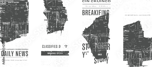 Photos Four distressed newspaper clippings with headlines and dark abstract shapes obsc