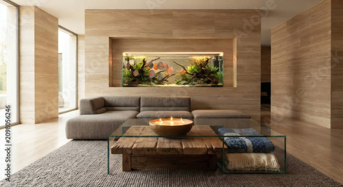 Aquarium recessed into a travertine wall in a modern living room 