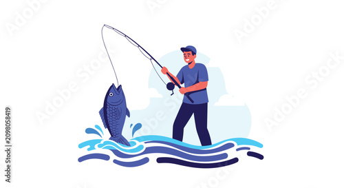 Cheerful fisherman holding a fishing rod and successfully catching a big blue fish jumping out of the ocean water.