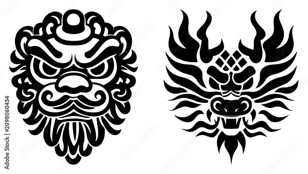 Fototapeta premium Asian guardian masks with bold ornamental linework