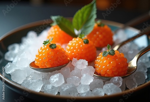 Exquisite Caviar Experience on Crushed Ice Garnished with Pearl Spoons in High-End Ambiance