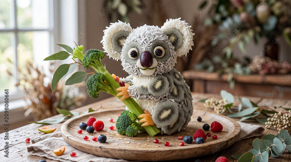 Fototapeta premium Cute Koala Fruit Sculpture Made of Fresh Kiwi Shredded Coconut and Broccoli