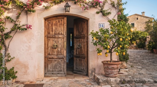 Rustic Wooden Front Door of Old Mediterranean House with Lemon Tree and Blooming Bougainvillea