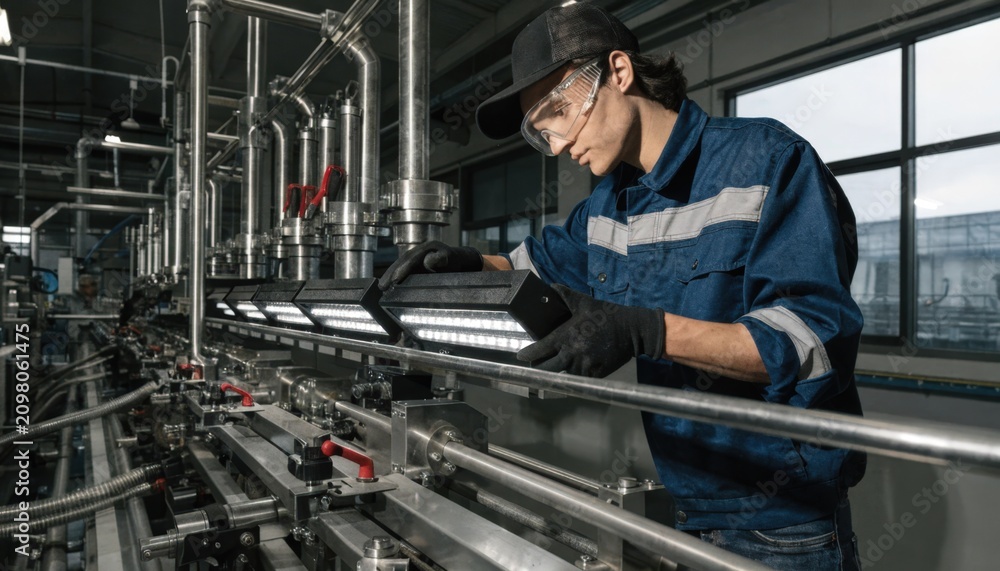 Fototapeta premium Technician installs LED UV lamp housings on a production press line carefully aligning components to ensure efficient curing performance in industrial manufacturing settings.