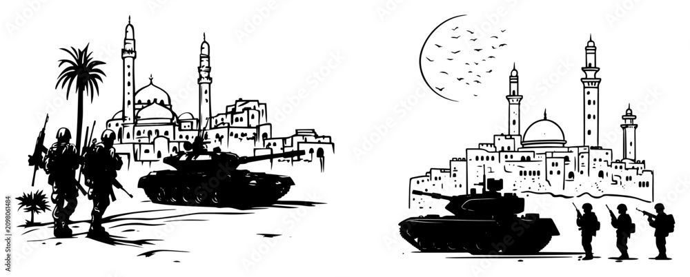 Obraz premium Military conflict in middle eastern city with soldiers and tanks in silhouette style