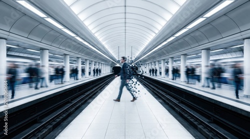 Man walking in subway station disappearing into digital pixel particles
