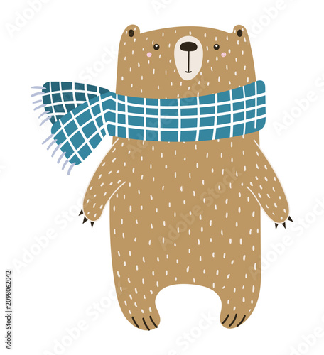 Cute brown bear wearing scarf illustration isolated. Friendly playful animal ...