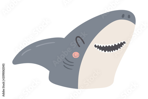 Cute friendly shark head illustration isolated. Kawaii cartoon character. Wil...