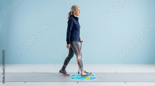 Senior woman walking with walking aid featuring anatomical leg overlay and joint pain heat map visualization
