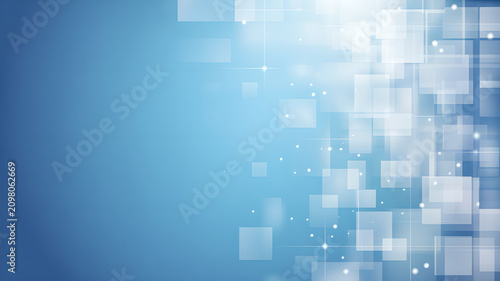 Abstract blue background with white geometric squares and glowing light particles
