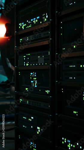 Multiple server racks are placed in a data center at night. The racks have green lights indicating activity. Other equipment is visible in the background, and the environment is dark.