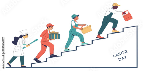 Diverse professionals climb a staircase representing career advancement and labor day celebrations.