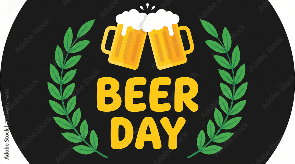 Naklejka premium Cartoon illustration of two clinking beer mugs with 'Beer Day' text and laurel wreaths on a dark background