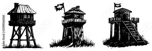Fotografie Wooden watchtower silhouettes and lookout stations in rustic sketch style