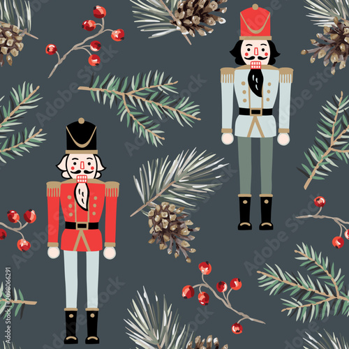 Christmas seamless pattern, Nutcrackers, green fir twigs, red berries, pine cones, dark gray background. Vector illustration. Festive design. Season greeting. Winter holidays