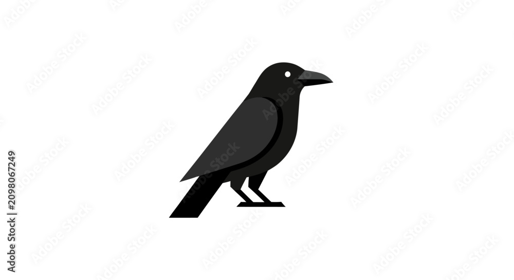 Obraz premium Stylized Black Crow Bird Icon Isolated on White Background, Simple Flat Design