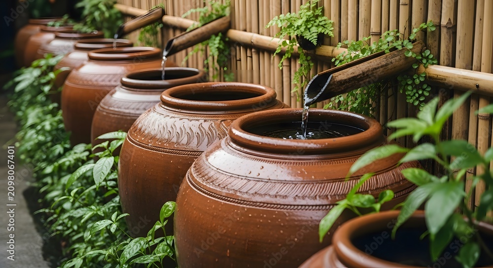 Obraz premium Row of terracotta plant pots in a tranquil garden. Rustic clay containers filled with lush green foliage for outdoor decor.