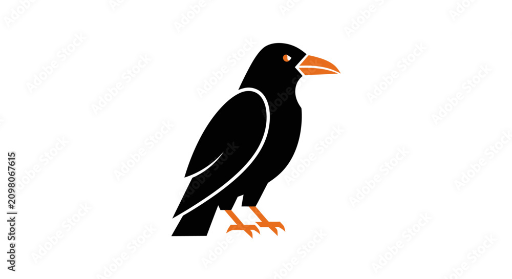 Fototapeta premium Stylized Black Crow Bird with Orange Beak and Eyes on White Background