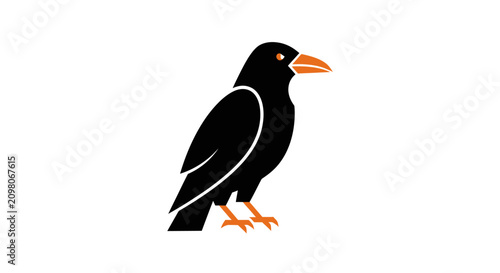 Принти на полотні Stylized Black Crow Bird with Orange Beak and Eyes on White Background