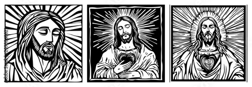 Bild auf Leinwand Jesus Christ portraits with Sacred Heart in traditional woodcut style