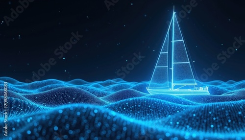 Digital yacht sails on abstract blue wave pattern at night. Neon boat glimmers in dark sea. Futuristic voyage concept with glowing ocean and sky.