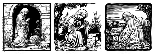 Fotografía Biblical scenes featuring praying woman at tomb in traditional woodcut engraving