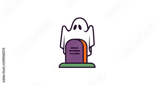 Canvas-taulu Cute Ghost Over Tombstone Icon, Halloween Celebration Isolated on White Backgrou