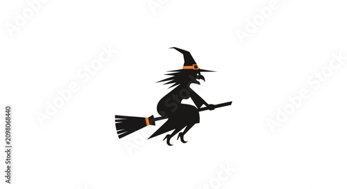 Cuadro en lienzo Silhouette of a Witch Flying on a Broomstick with Halloween Hat