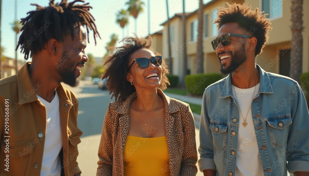 Naklejka premium Three friends, two men and a woman, walk down a sunny street talking and laughing. They wear casual outfits and sunglasses, enjoying each others company on a bright day.